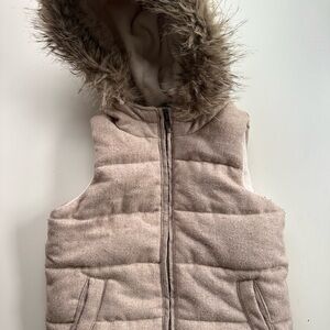 GAP Kids Tan Puffer Vest with Faux Fur Hood